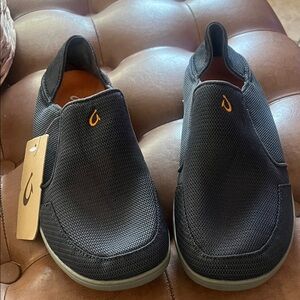 OluKai Men's gray Slip-On Mesh Loafers with orange Sole Accent